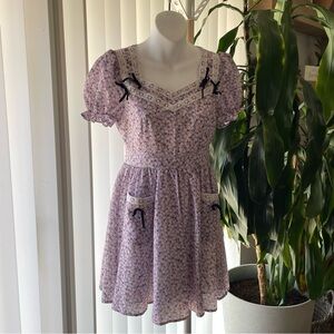 Sincethen Above‎ Knee Purple Daisy Floral Dress Black Bow Accents